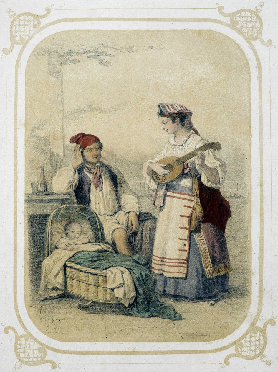 Napoli Krallığında Aile, İtalya - Louis Lassalle tarafından resmedilen “” Album du jeune voyageur””da by Louis Simon Lassalle