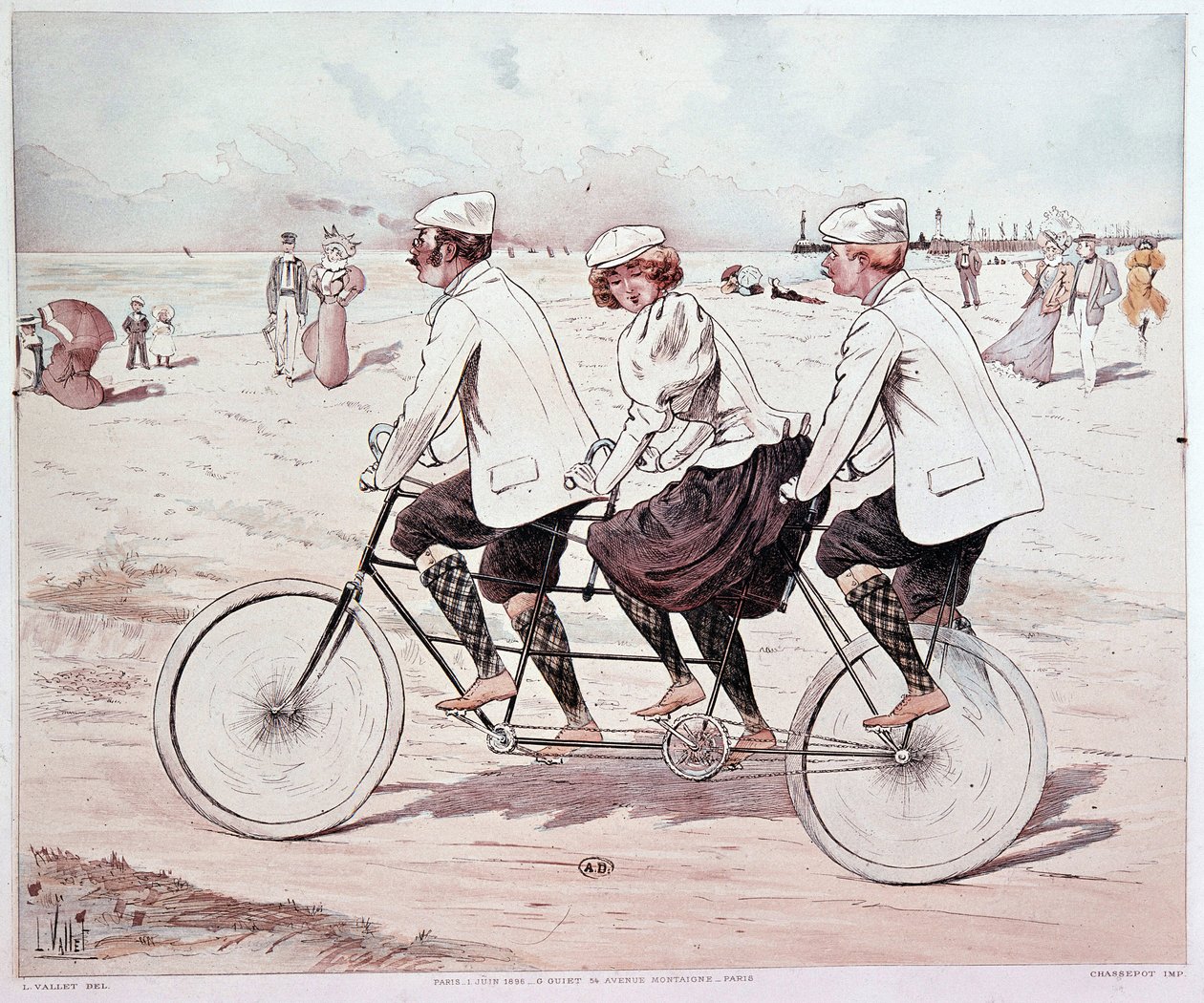 Tandem, sahilde bisiklet süren üç kişi - L. Vallet tarafından çizim by Louis Vallet