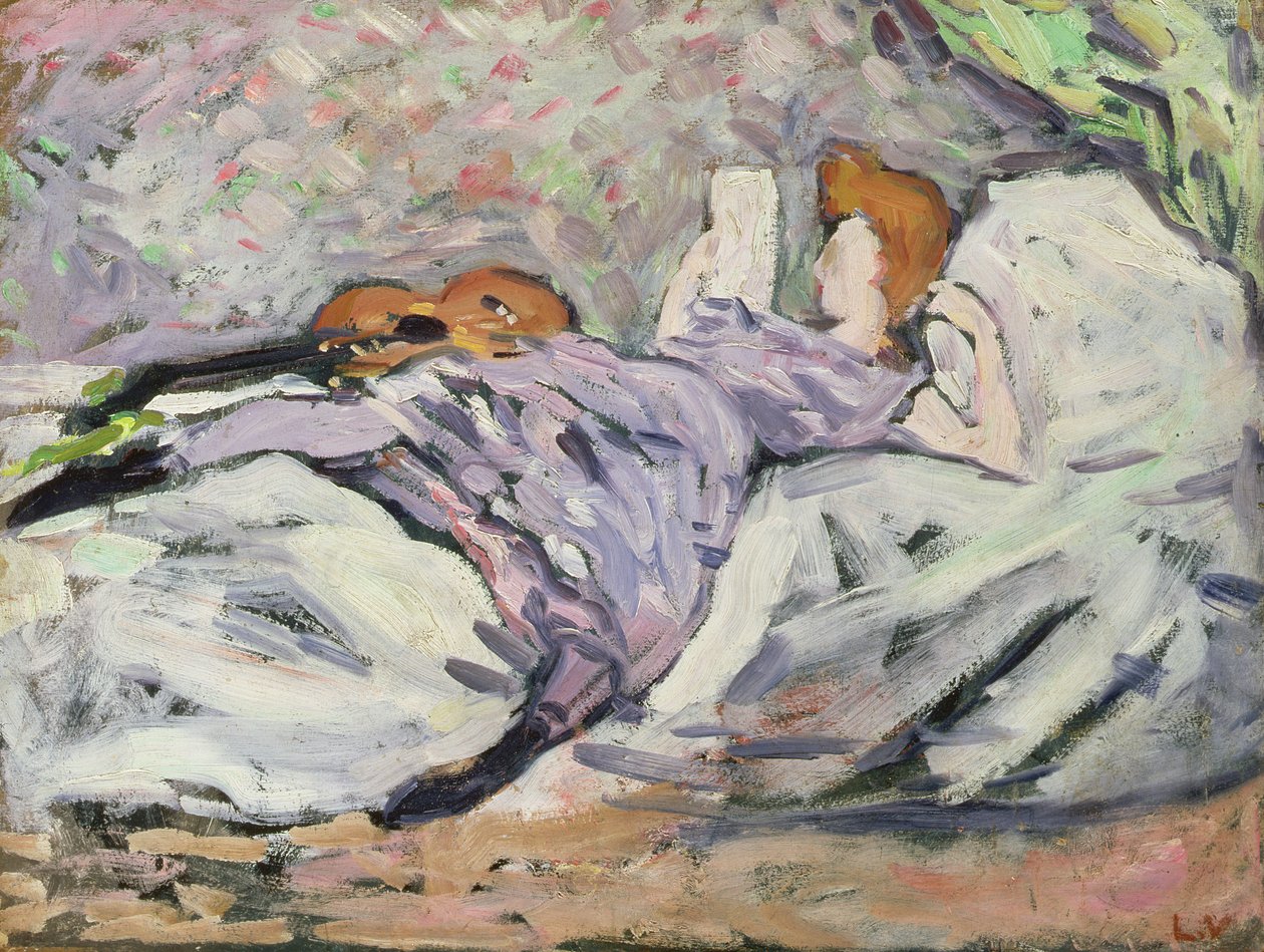 Uzanmış kadın kitap okuyor (tuval üzerine yağlıboya) by Louis Valtat