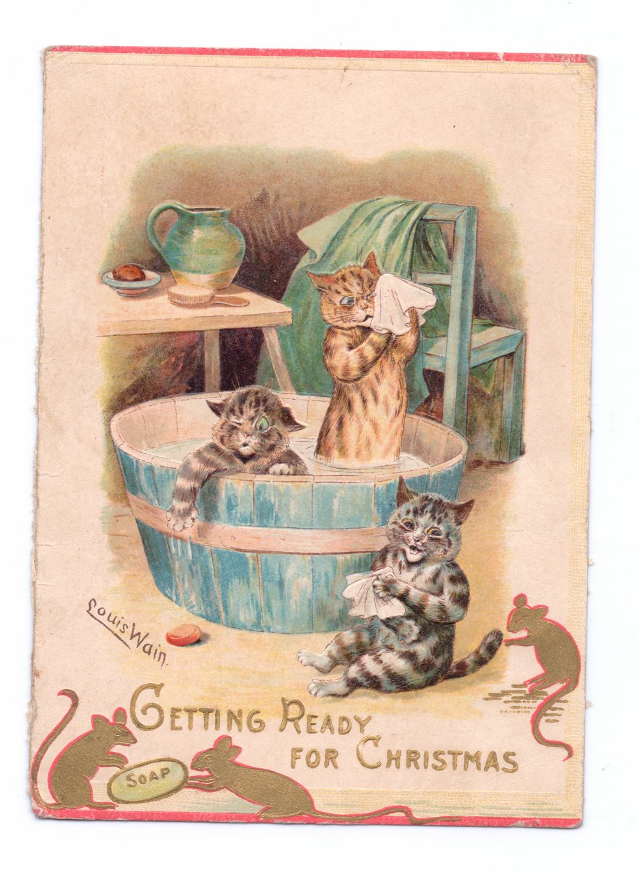 İki fare bir kalıp sabunla oynarken küvette iki kedinin bulunduğu Viktorya dönemine ait bir Noel kartı, 1880 dolayları by Louis Wain