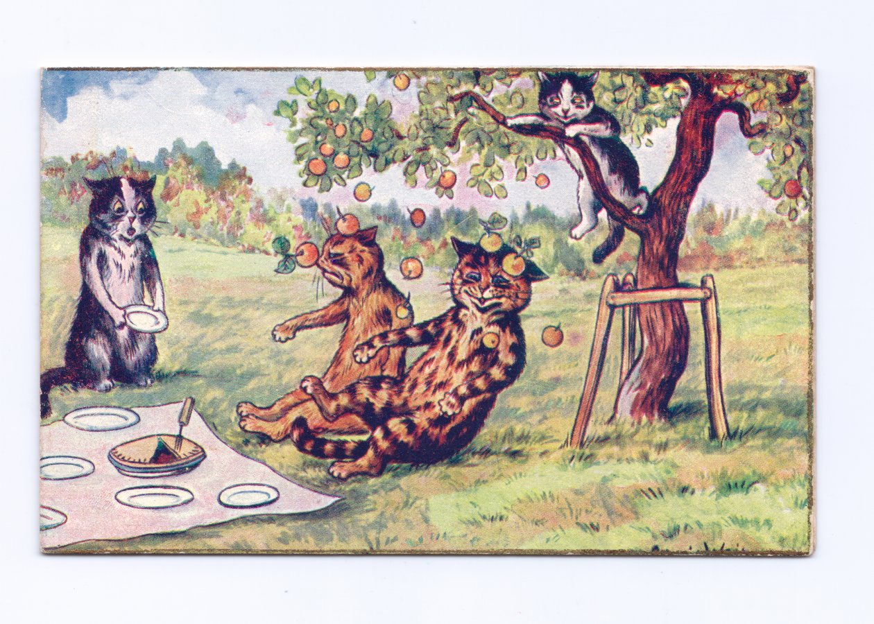 Bir piknikte iki kedinin üzerine düşen elmadan oluşan Viktorya dönemine ait bir tebrik kartı, 1880 dolayları by Louis Wain