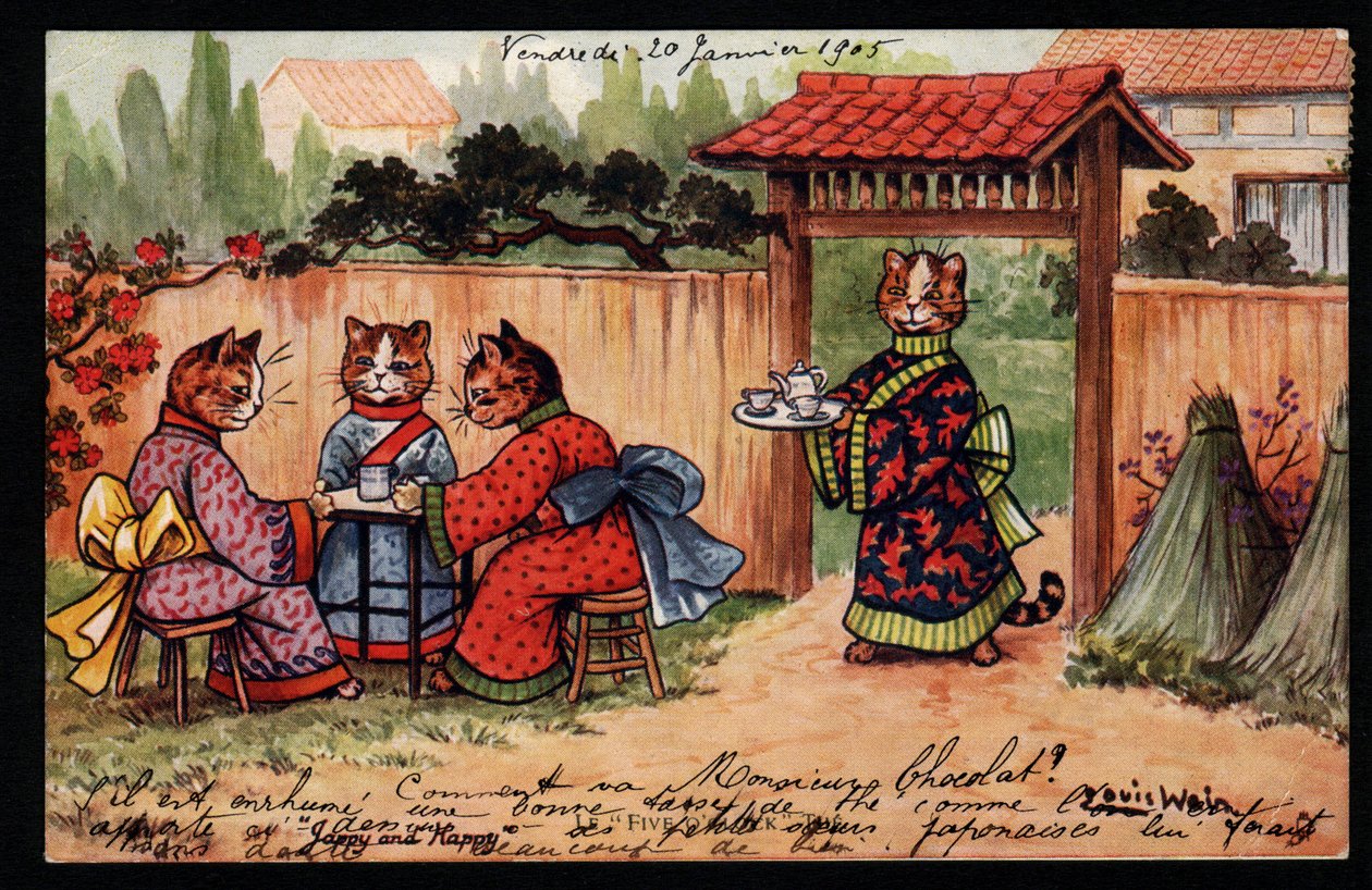 İnsan duruşundaki hayvanlar. Japon bahçesinde çay içen kimonolu kedi. Posta kartı. Büyük gözlü kedileri tasvir etmesiyle tanınan İngiliz sanatçı Louis Wain (1860-1939) tarafından yapılan kromolitograf. 20. yüzyılın başı. Koleksiyon pr by Louis Wain