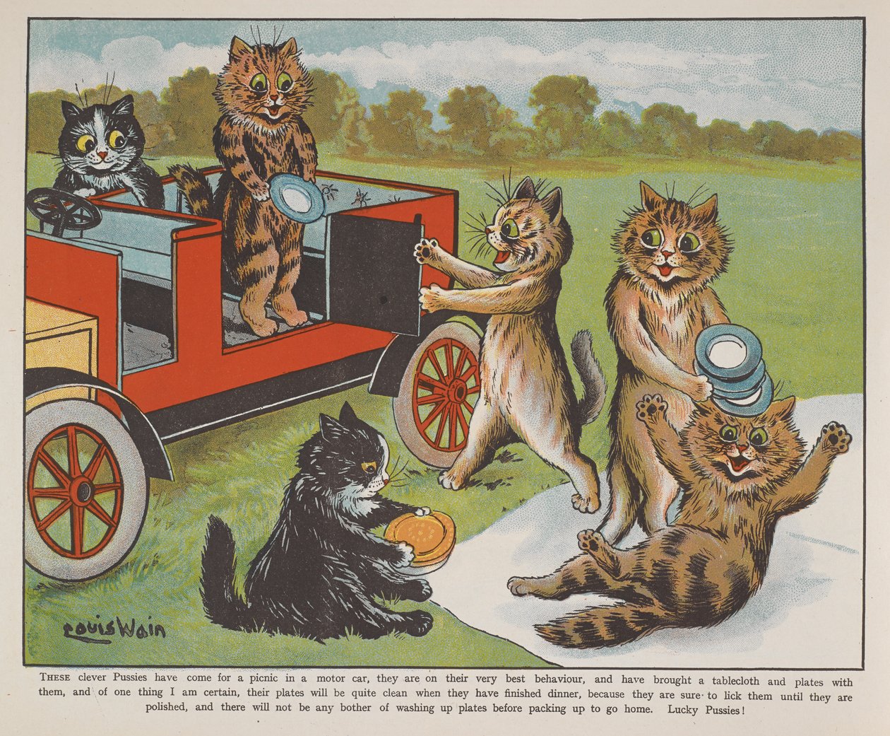 Kediler pikniğe hazırlanıyor. by Louis Wain
