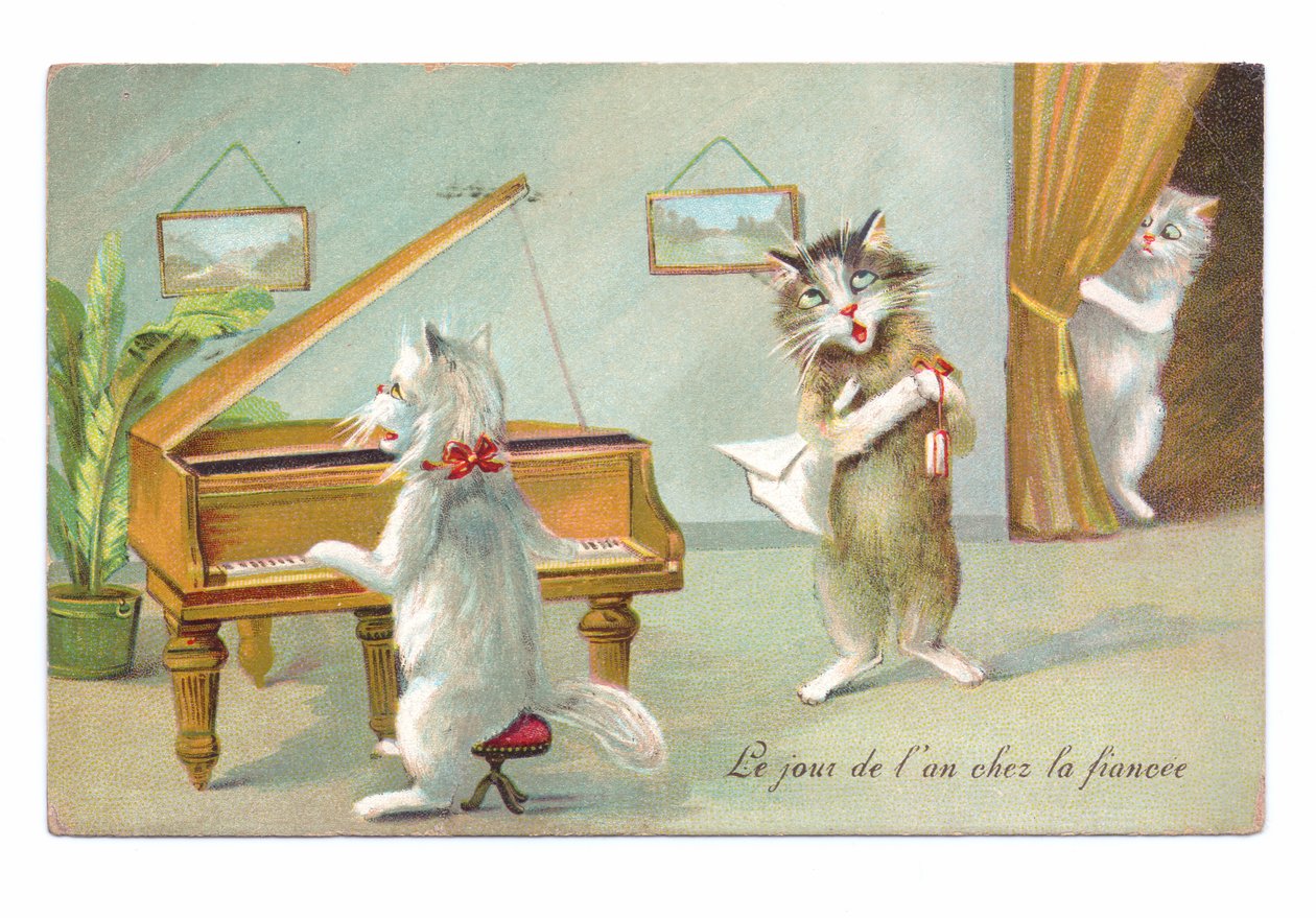 Bir kedinin piyano çaldığı ve diğerinin şarkı söylerken üçüncüsü gözetlerken gösteren Edward dönemi kartpostalı c.1910 by Louis Wain