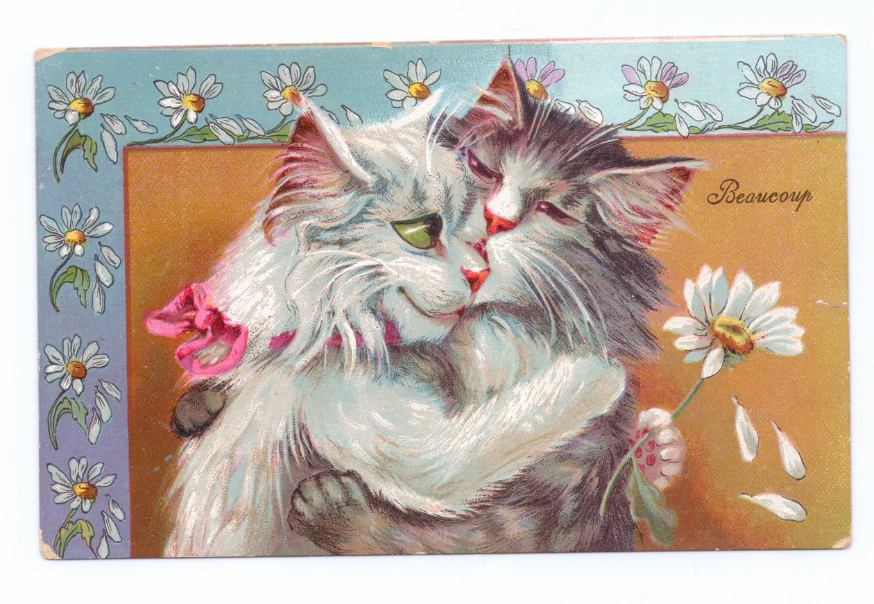 Birbirine sarılan iki kediyi gösteren Edward dönemi kartpostalı, 1910 dolayları by Louis Wain