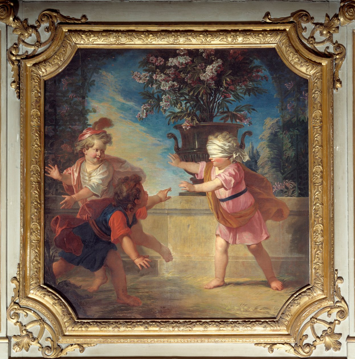 Güvercinlerin oyunu. Louis Boullongne Le Jeune (1654-1733) tarafından boyanmış kapı üstü by Louis de Boullongne