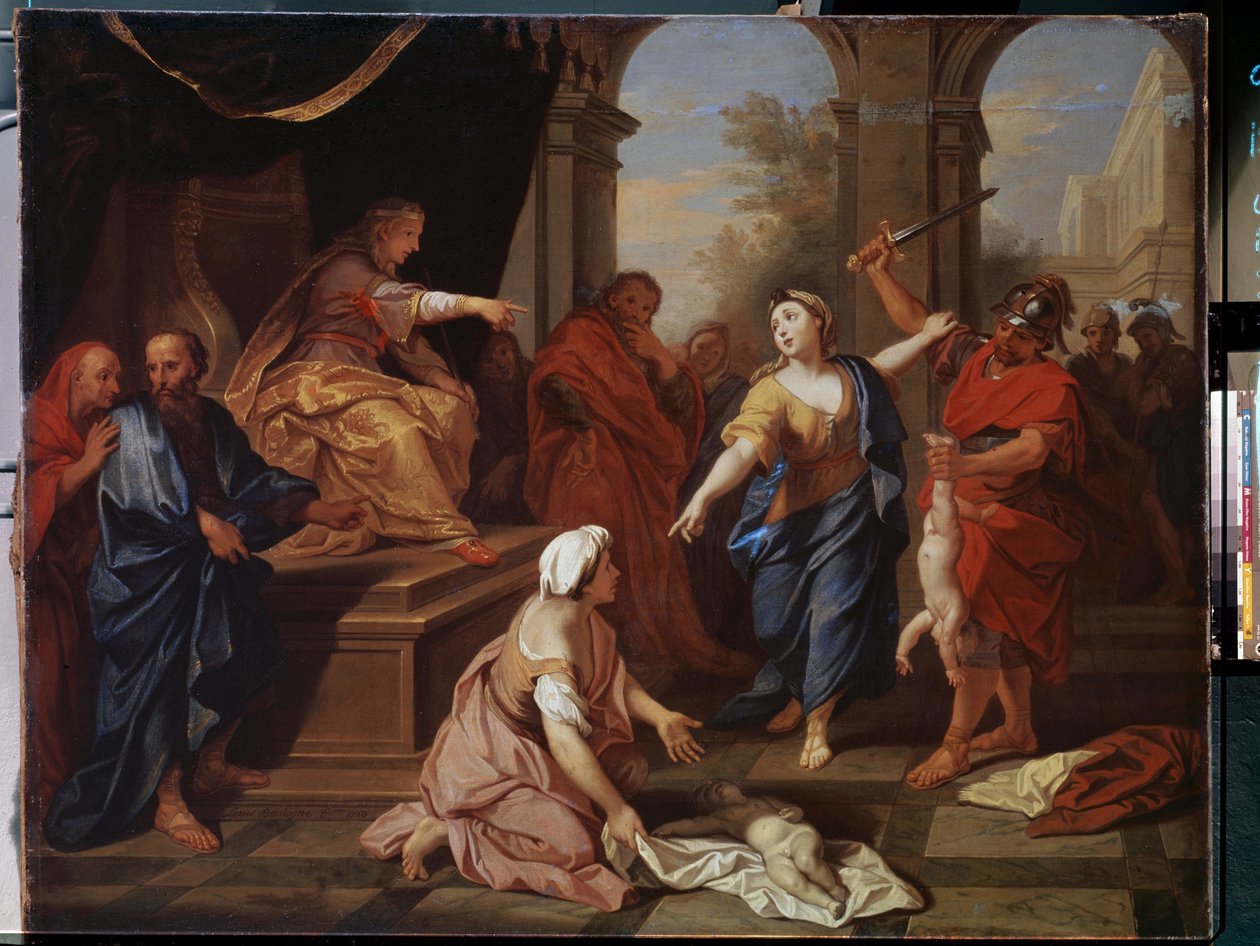 ""Süleyman'ın Yargısı"" İki kadın aynı çocuğun annesi olduğunu iddia ediyor. Louis de Boullogne the Younger (1654-1733) 1710 Puşkin Müzesi, Moskova tarafından tablo by Louis de Boullogne