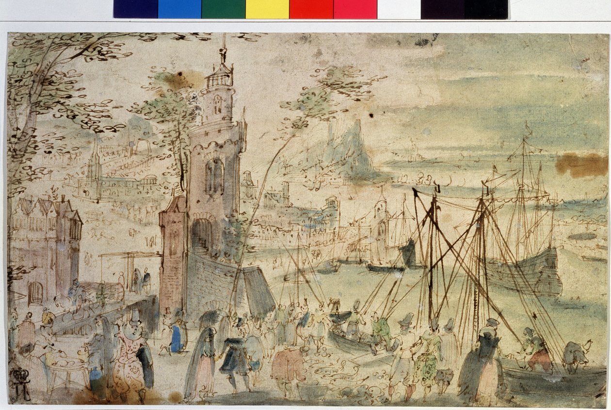 ""Liman görünümü"" Hollanda limanı. Suluboya ve kalem Louis de Caury (Leningrad Eskiz Kitabının Ustası olarak bilinir) (1580 dolaylarında - 1621