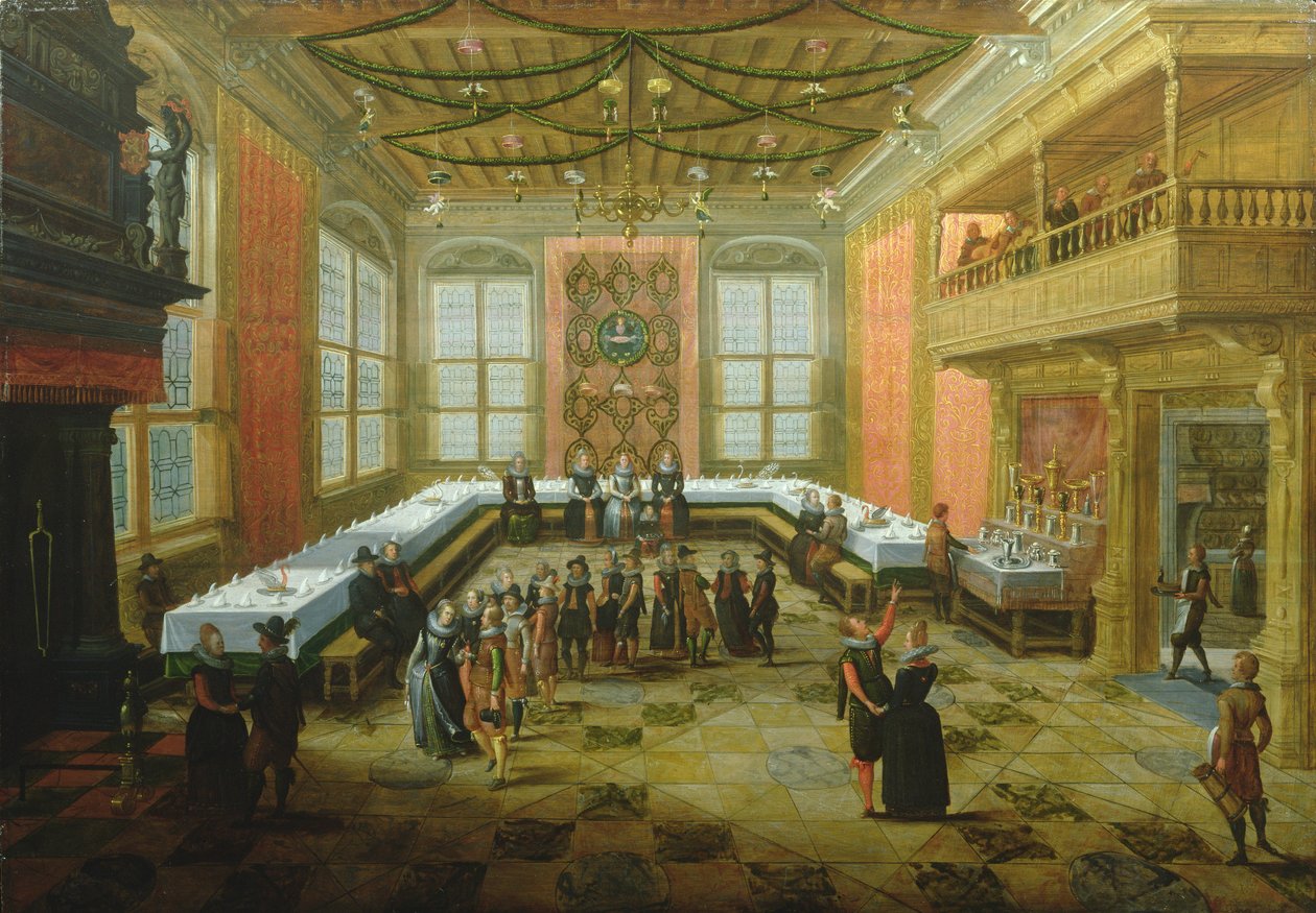 Ziyafet Salonunda Toplanan Zarif Figürler by Louis de Caullery