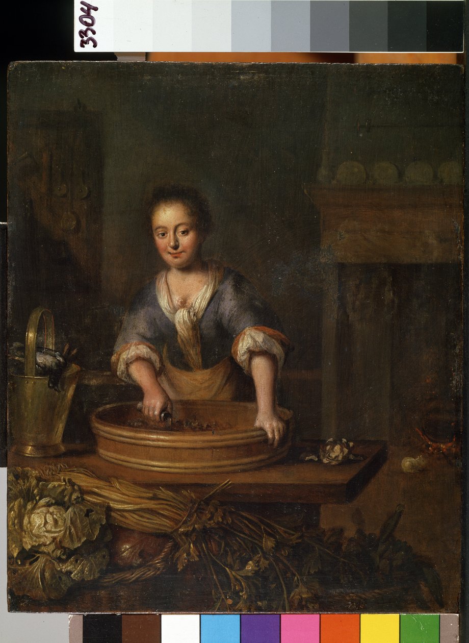 ""Aşçı"" (Aşçı) Bir kır mutfağında lahana hazırlayan genç bir aşçı. Resim Louis de Moni (1698-1771) Mikalojus Konstantinas Ciurlionis Güzel Sanatlar Müzesi, Kaunas, Litvanya by Louis de Moni