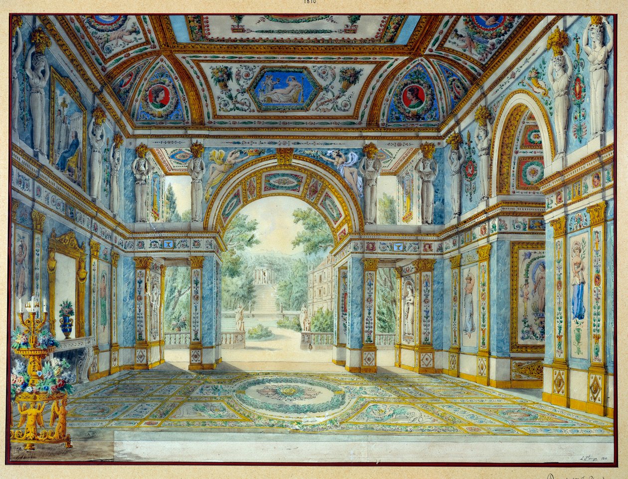 Bir parka açılan bir sarayın portikosu. Louis De Saint Ange (1780-1831) tarafından yapılan gravür by Louis de Saint Ange Desmaisons