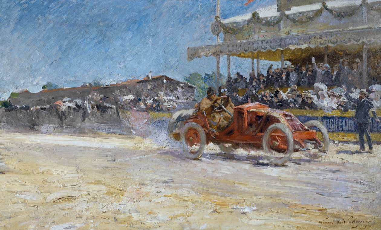 1906'da Automobile Club de France'ın ilk Grand Prix'si, kazananın gelişi, Compiegne, Fransa, Louis-Marie de Schryver'in tablosu (1862-1942) by Louis de Schryver