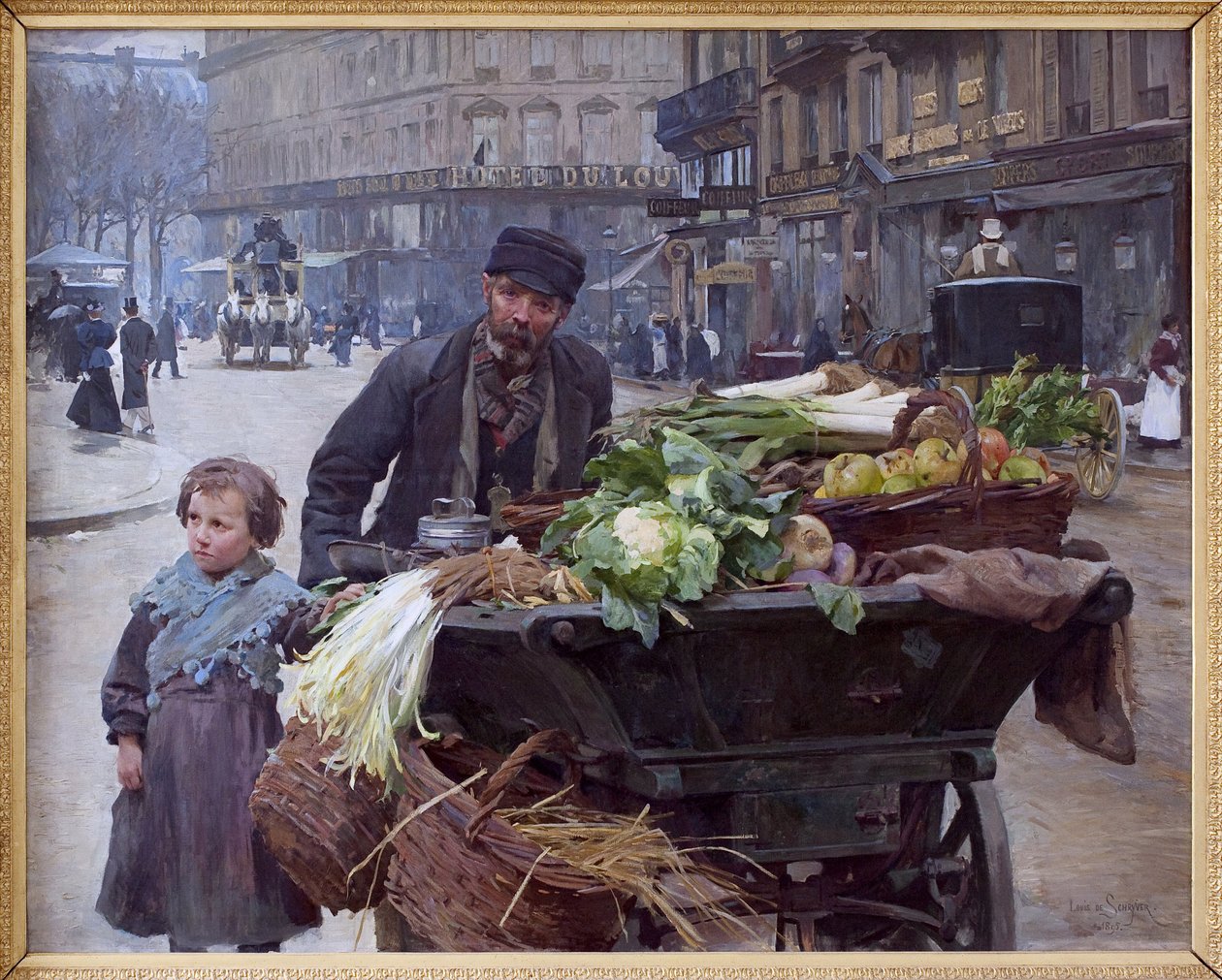 Paris'te dört mevsim tüccarı. Arkasında, Louis Marie de Schryver (1862-1942) tarafından yapılan Hotel du Louvre (1. bölge) tablosu, tuval üzerine yağlı boya by Louis de Schryver