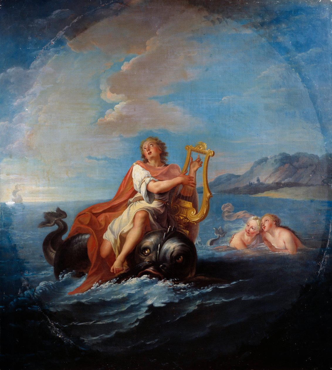Arion lir çalıyor. Arion de Methymne, MÖ 7. yüzyıldan kalma bir Yunan şairidir. Louis De Silvestre