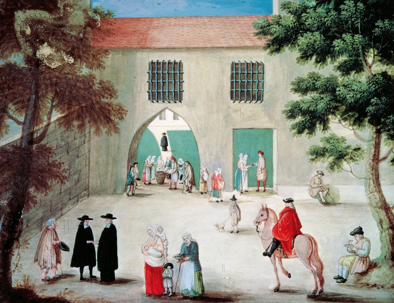 Port-Royal des Champes manastırının önünde yoksullara yardım etmek, Louise-Magdeleine Hortemels (1688-1767), guaj boya, Fransa by Louise Magdeleine Hortemels