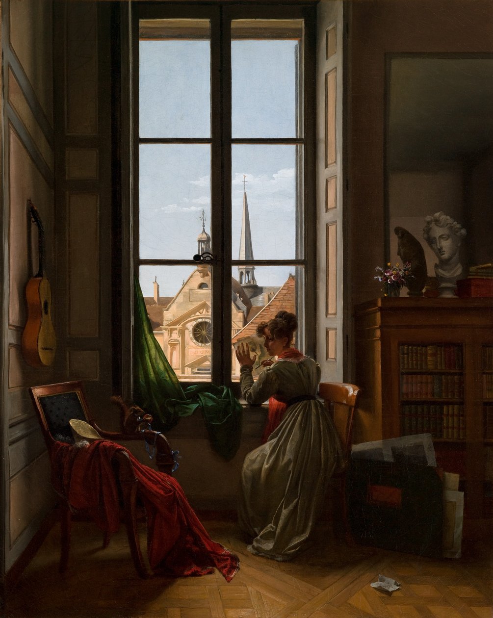 Çiçek İzleyen Genç Kadın ile İç Mekan, c.1820-22 (tuval üzerine yağlıboya) by Louise Adeone Droelling