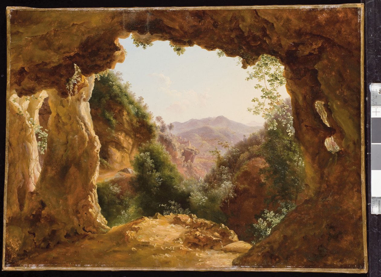 Kayalık bir manzarada bir mağara (tuval üzerine monte edilmiş kağıt üzerine yağlı boya) by Louise Josephine Sarazin de Belmont
