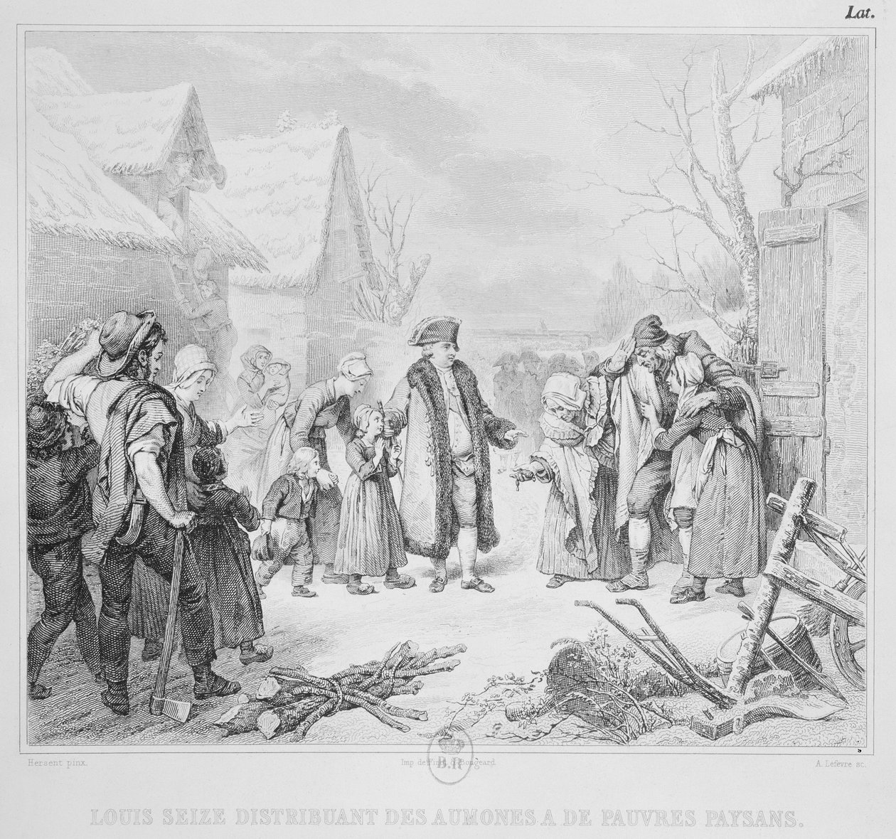 Louis XVI (1754-93) Distributing Alms to the Peasants in 1788, engraved by A. Lefevre  by Louise Marie Jeanne Hersent