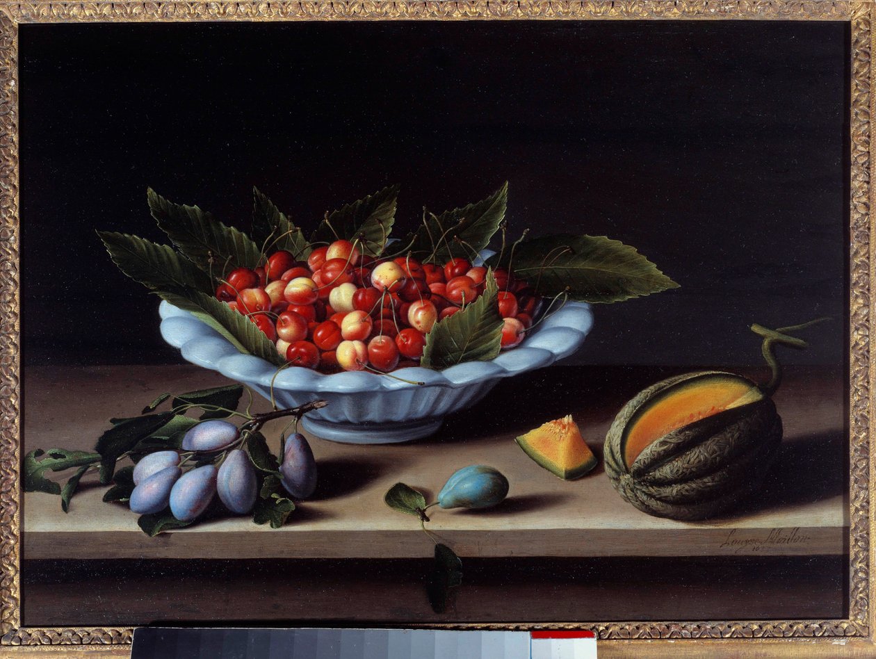 Bir fincan kiraz, erik ve kavun Resim Louise Moillon (1610-1696) tarafından 1633 Güneş. 0,48x0,65 m by Louise Moillon