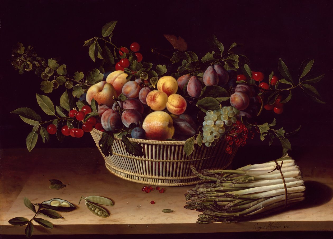 Bir Sepet Meyve ve Bir Demet Kuşkonmaz ile Natürmort, 1630. by Louise Moillon