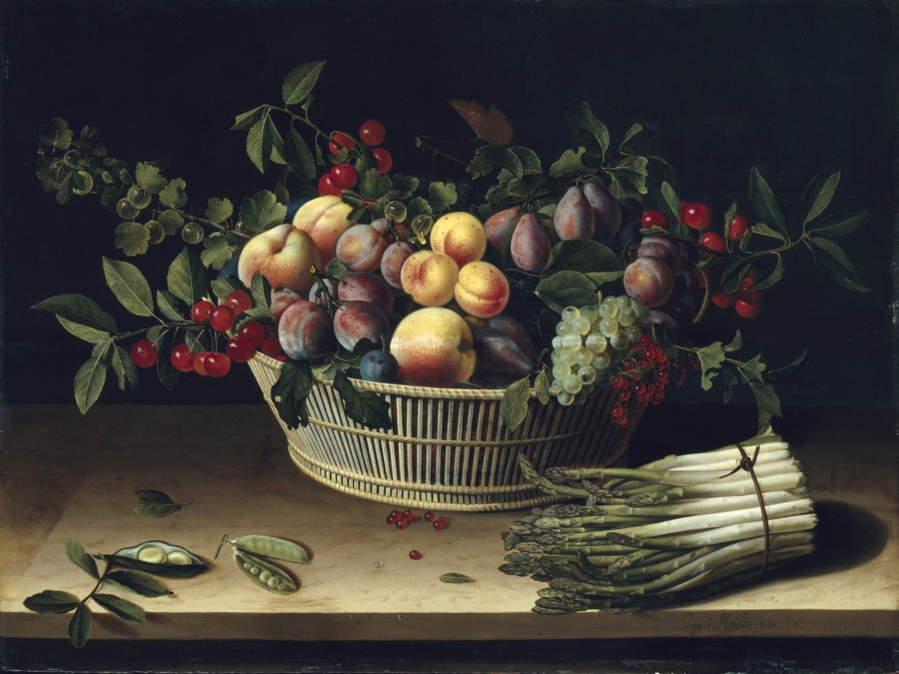 Bir sepet meyve ve bir demet kuşkonmaz ile natürmort, 1630 by Louise Moillon