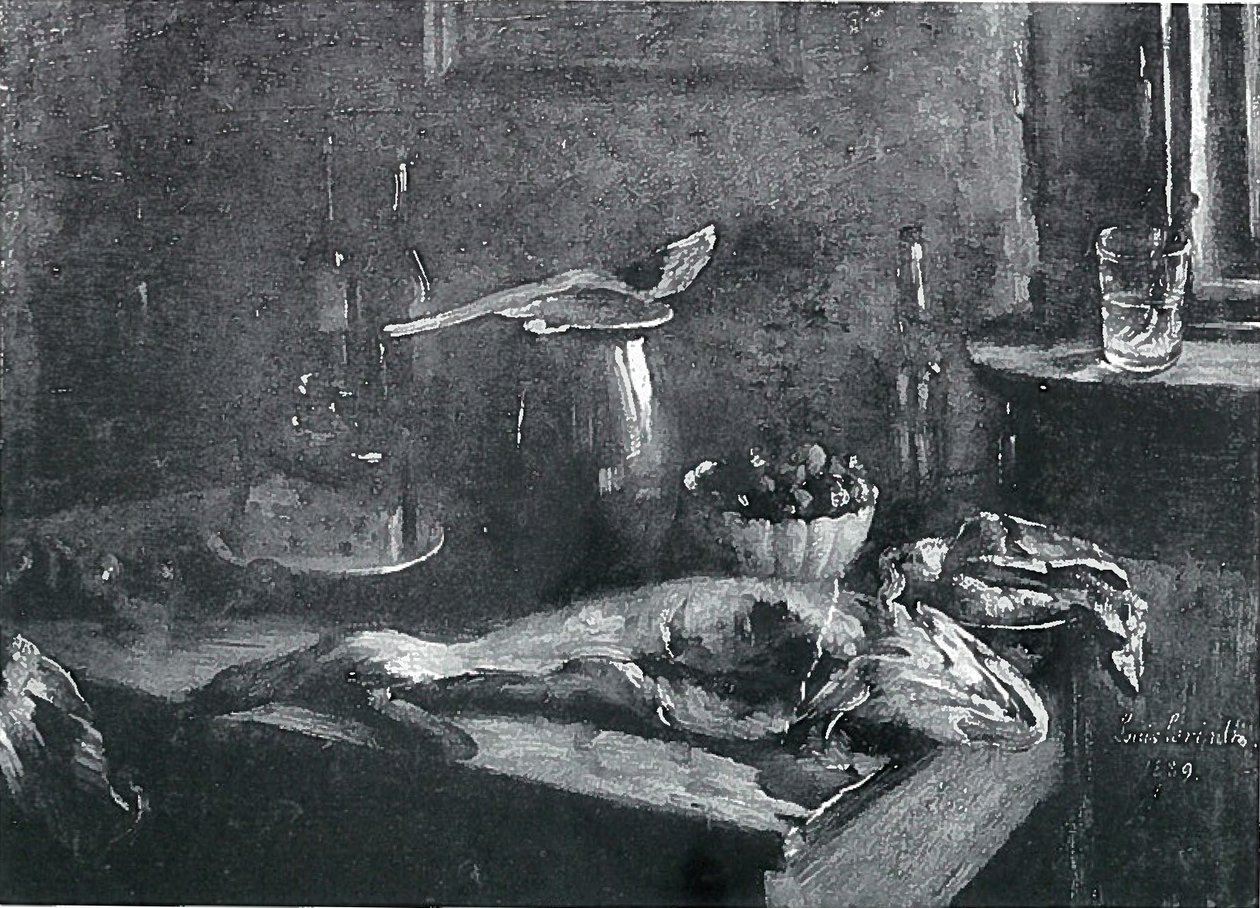 Mutfak natürmort, mezgit balığı ve sığır eti by Lovis Corinth