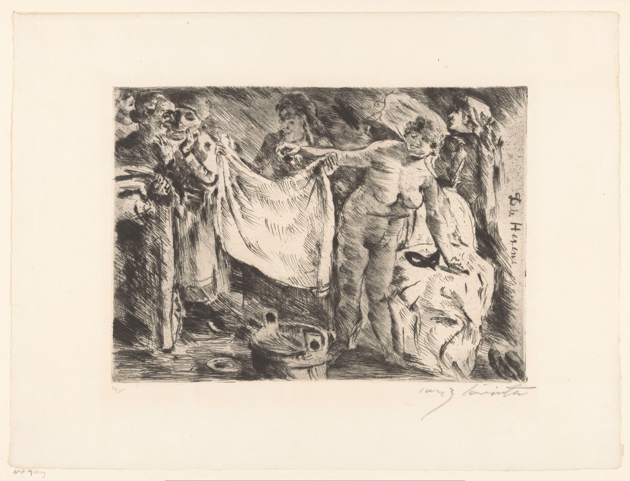 Bir grup kadın, biri çıplak, diğeri bir bez tutuyor Die Hexen (nesne üzerindeki başlık) by Lovis Corinth (signed by artist)