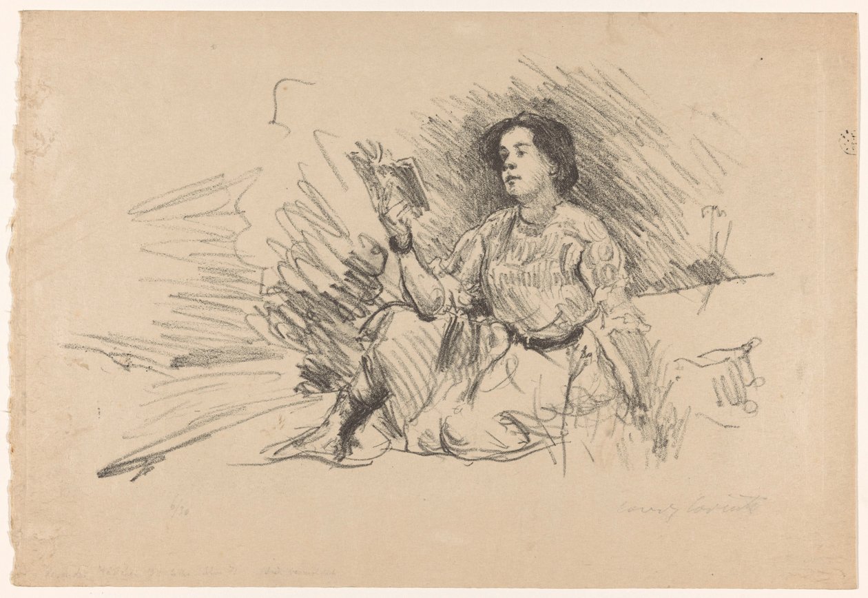 Kız okuma, yerde oturan Lesendes Mädchen by Lovis Corinth (signed by artist)