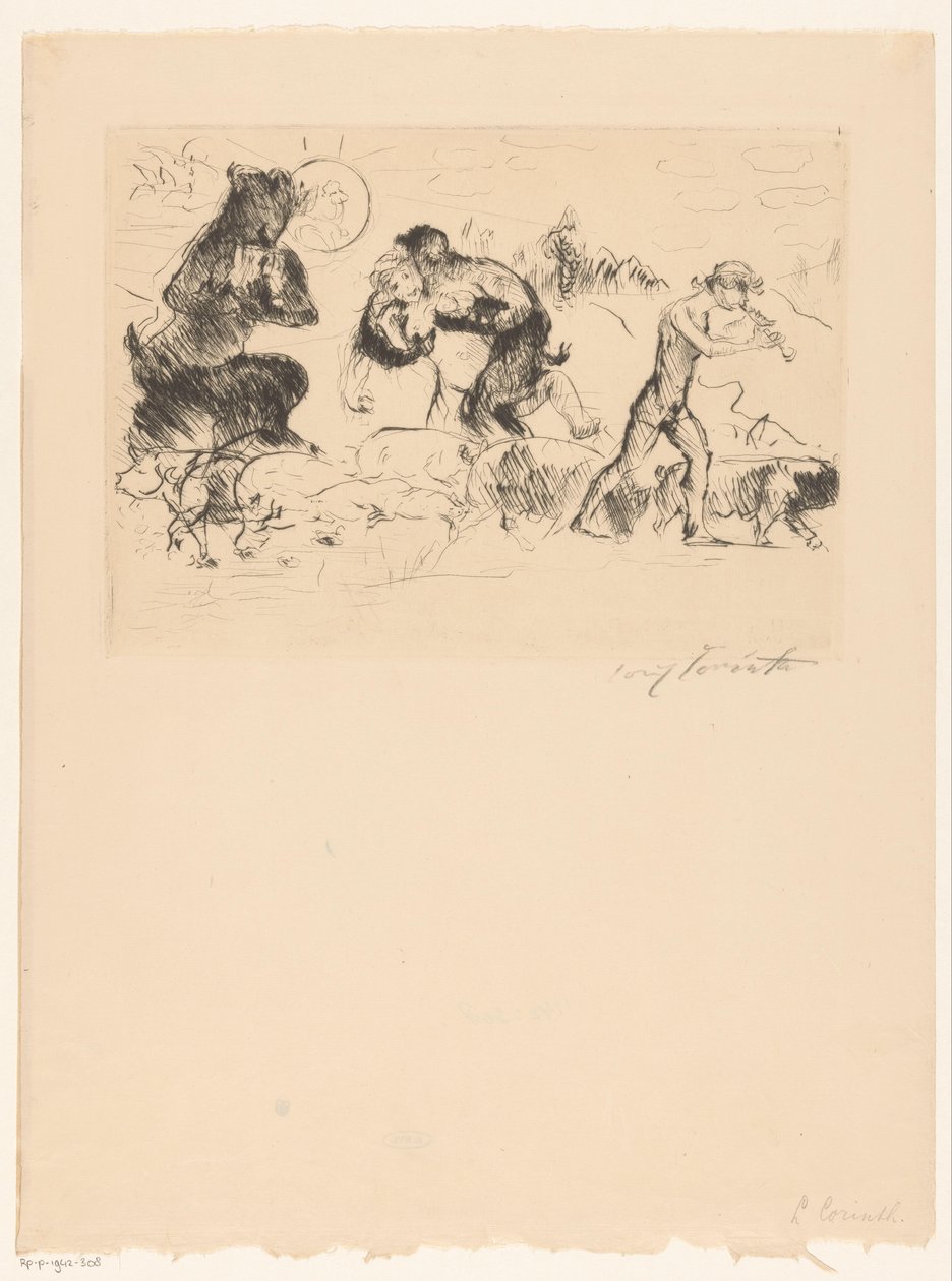 Satirler, bir peri, bir faun ve bir domuz sürüsü by Lovis Corinth (signed by artist)