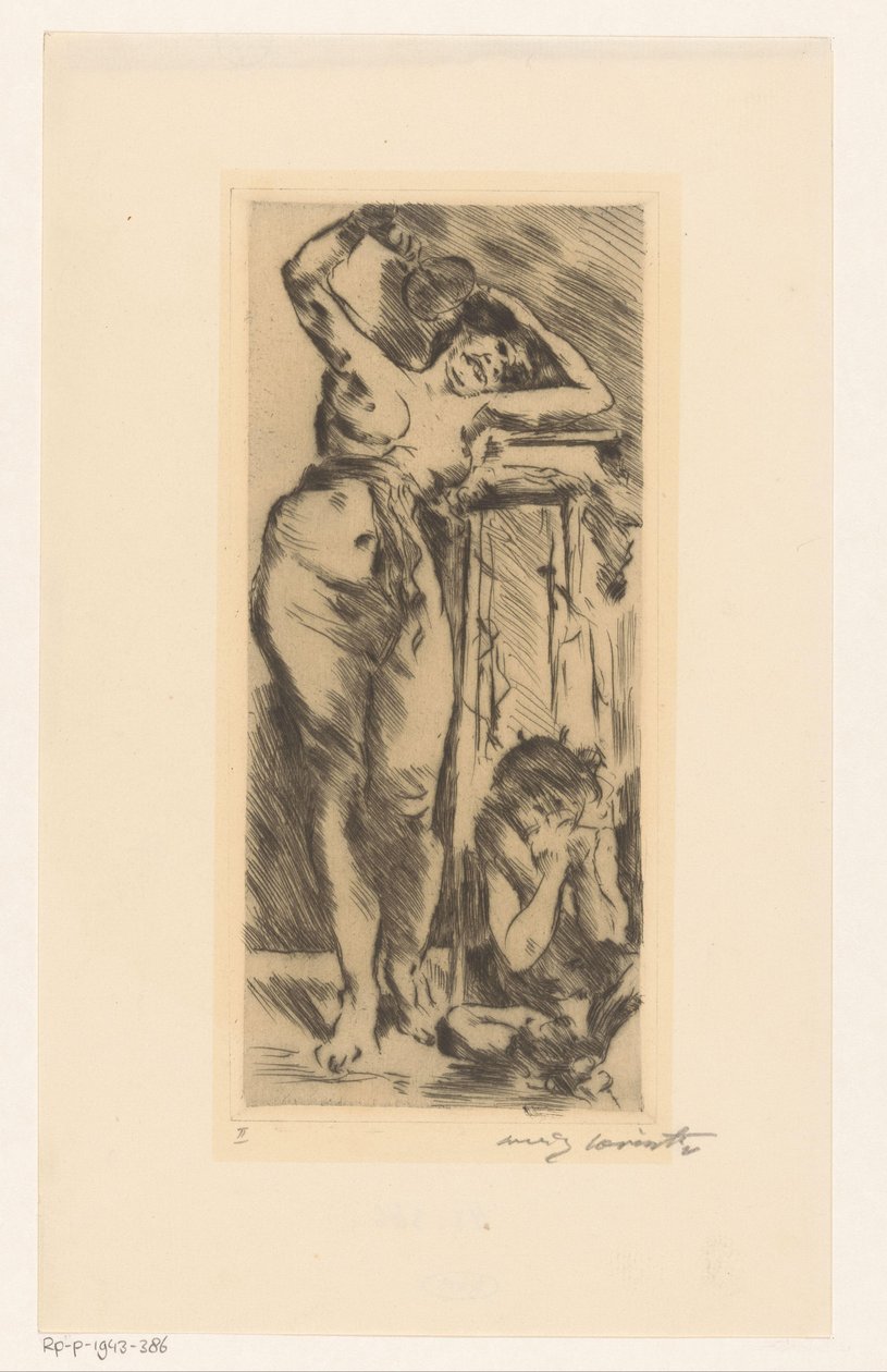 Elinde yelpaze ve sağında çömelmiş bir figür ile çıplak kadın by Lovis Corinth (signed by artist)