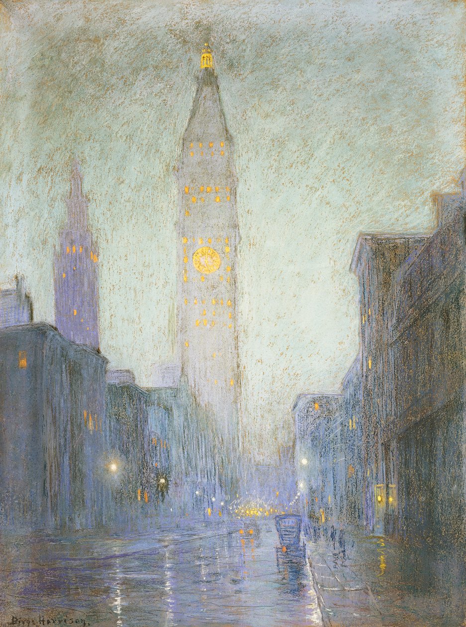 Madison Avenue, Alacakaranlıkta, c.1911 (kahverengi kağıt üzerine pastel) by Lowell Birge Harrison