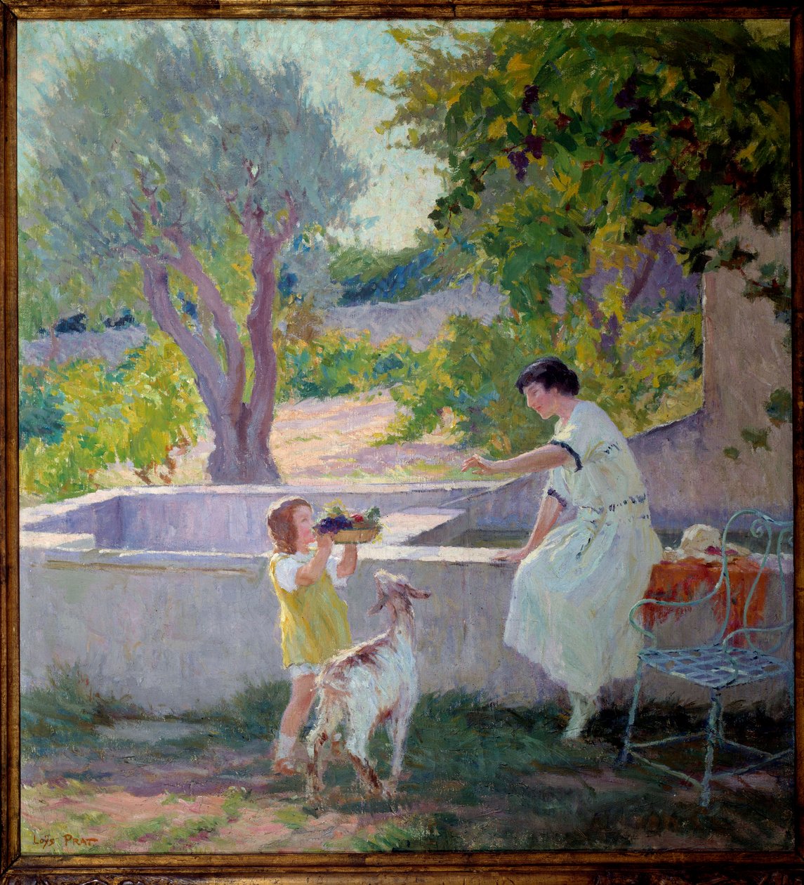 Madam Prat ve kızı bahçede küçük keçi ile resim Joseph Loys Prat (1879-1934), 20. yüzyıl. Donzere Belediye Başkanı. by Loys Prat