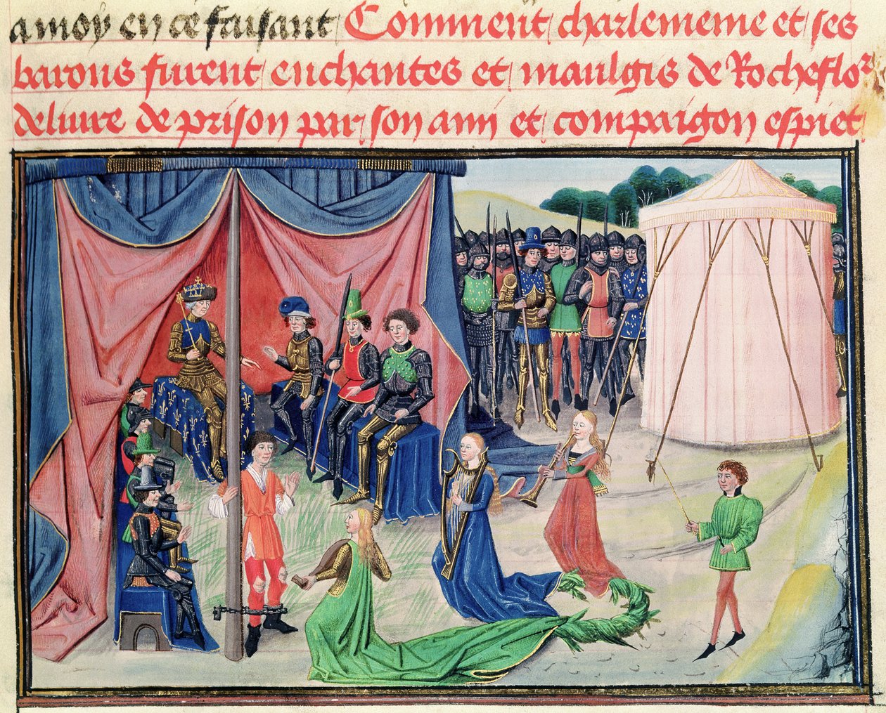 Ms 5072 f.233v Charlemagne ve baronları, Renaud de Montauban döngüsünden büyüleniyor by Loyset Liedet