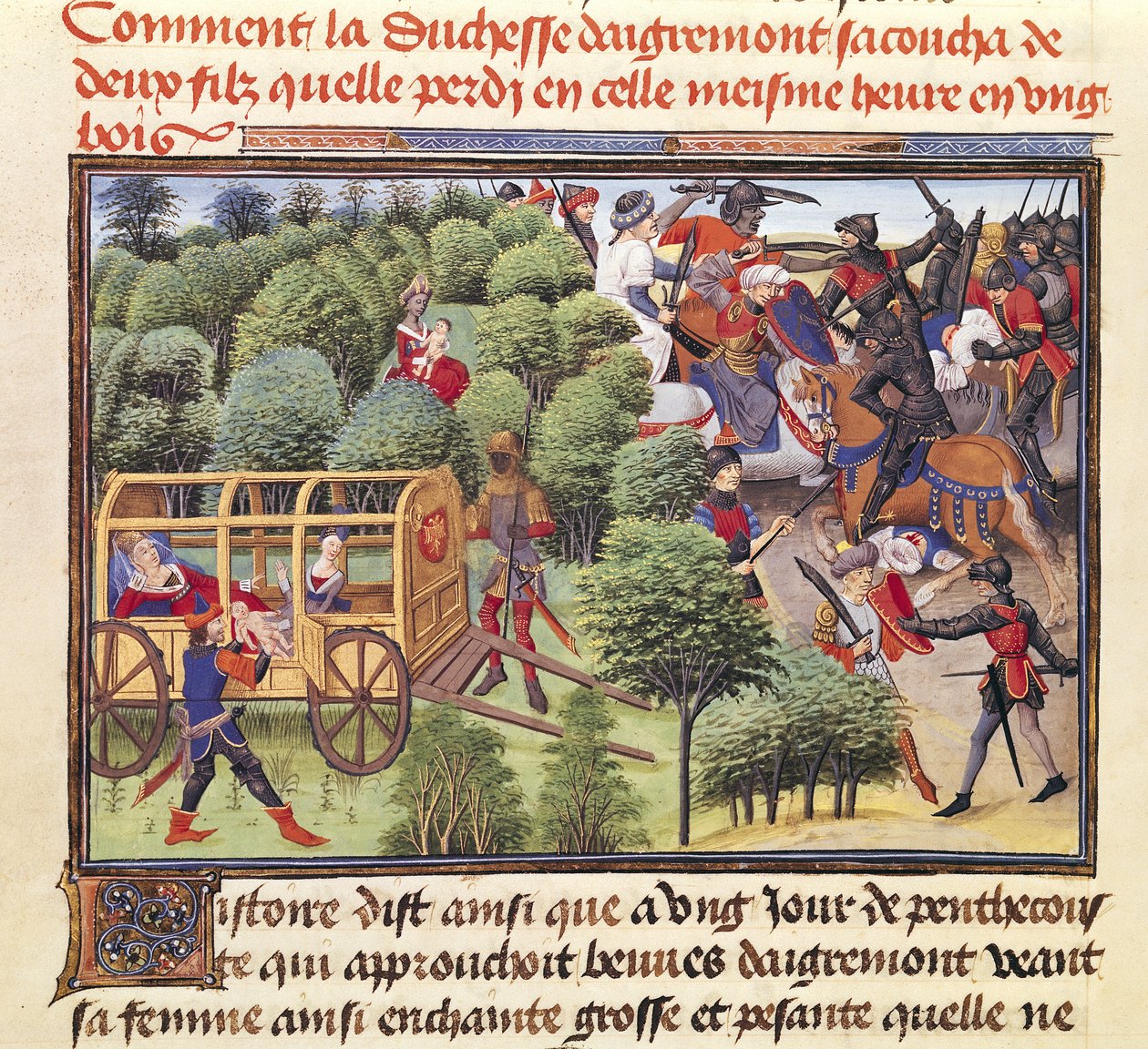 Ms 5072 f.6v Aigremont Düşesi Renaud de Montauban döngüsünden iki erkek çocuk doğurdu ve onları aynı saatte bir ormanda nasıl kaybetti? by Loyset Liedet