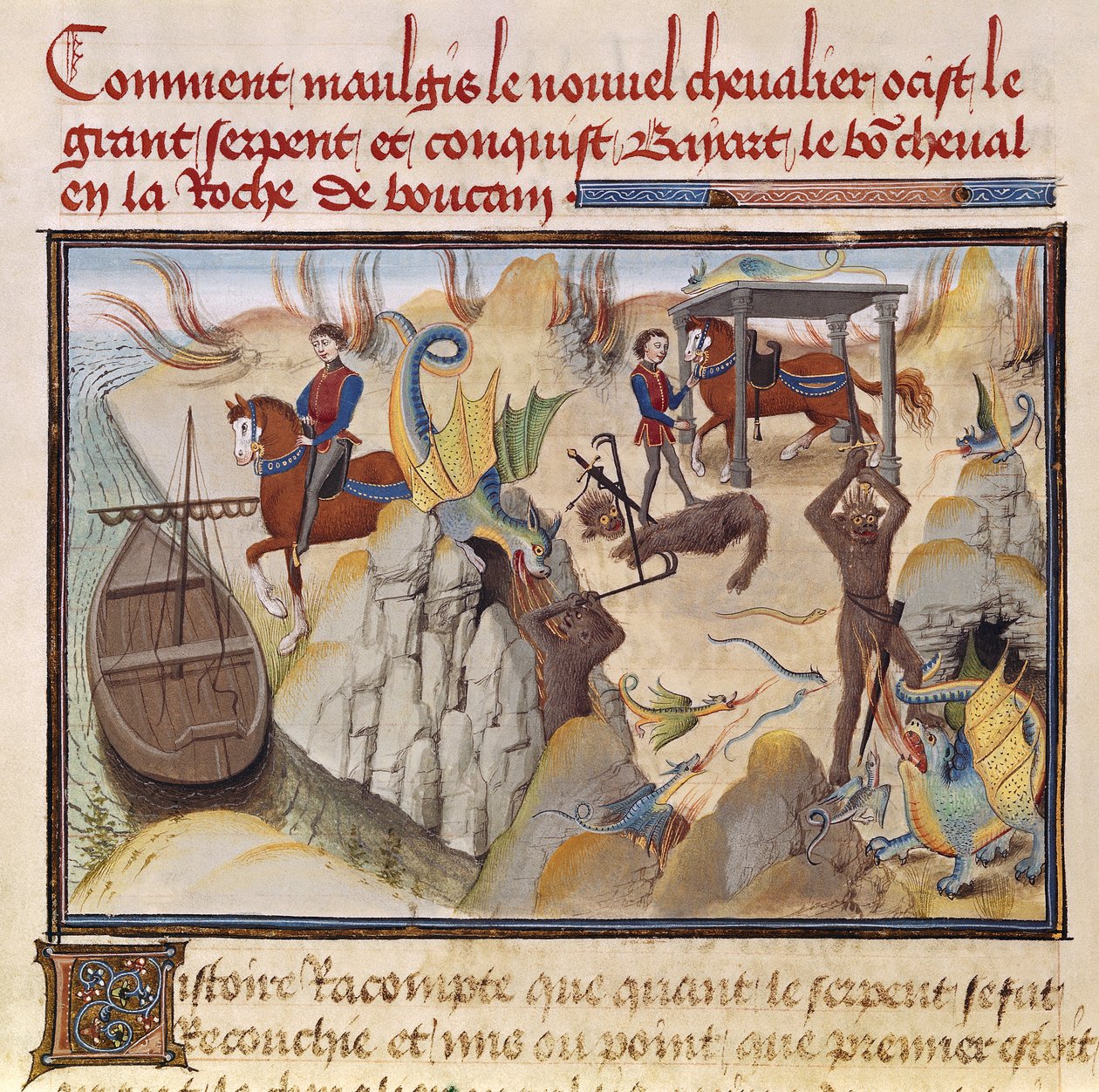 Ms 5072 fol.37v Maugis Yılanla Savaşıyor ve Büyülü Atı Kazanıyor Bayard, Renaud de Montauban döngüsünden by Loyset Liedet