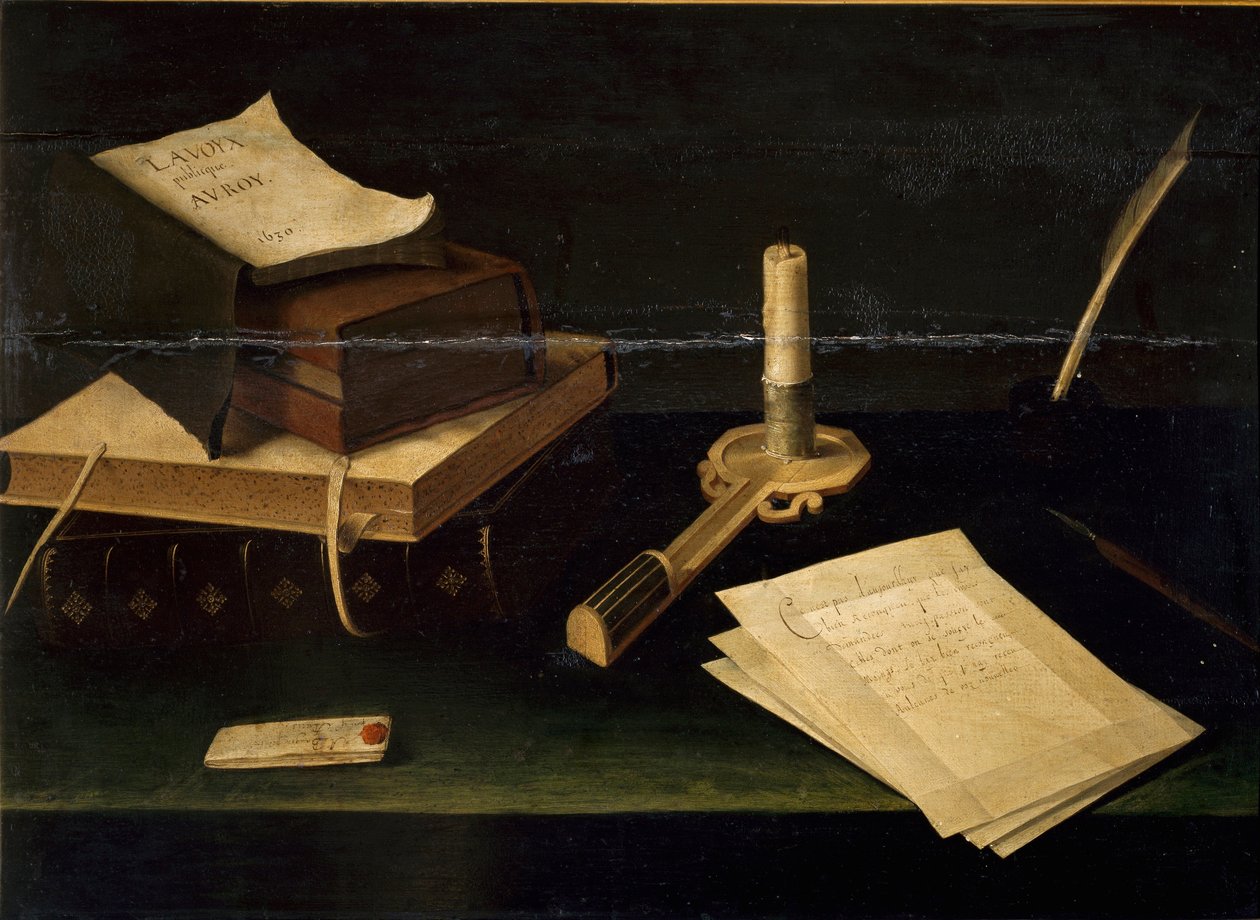 Kitaplardan Natürmort, Tüy, Mektup ve Mum Boyama Lubin Baugin (1610-1663) 17. yüzyıl Roma Galleria Spada by Lubin Baugin