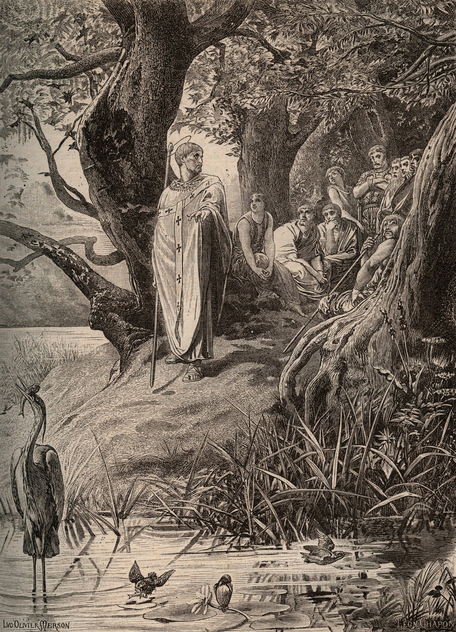 Balıkçı kuşların özürü, Saint Martin tarafından Loire kıyılarının sakinlerine anlatıyor - Luc Olivier Merson (1846-1920) tarafından gravür by Luc Oliver Merson