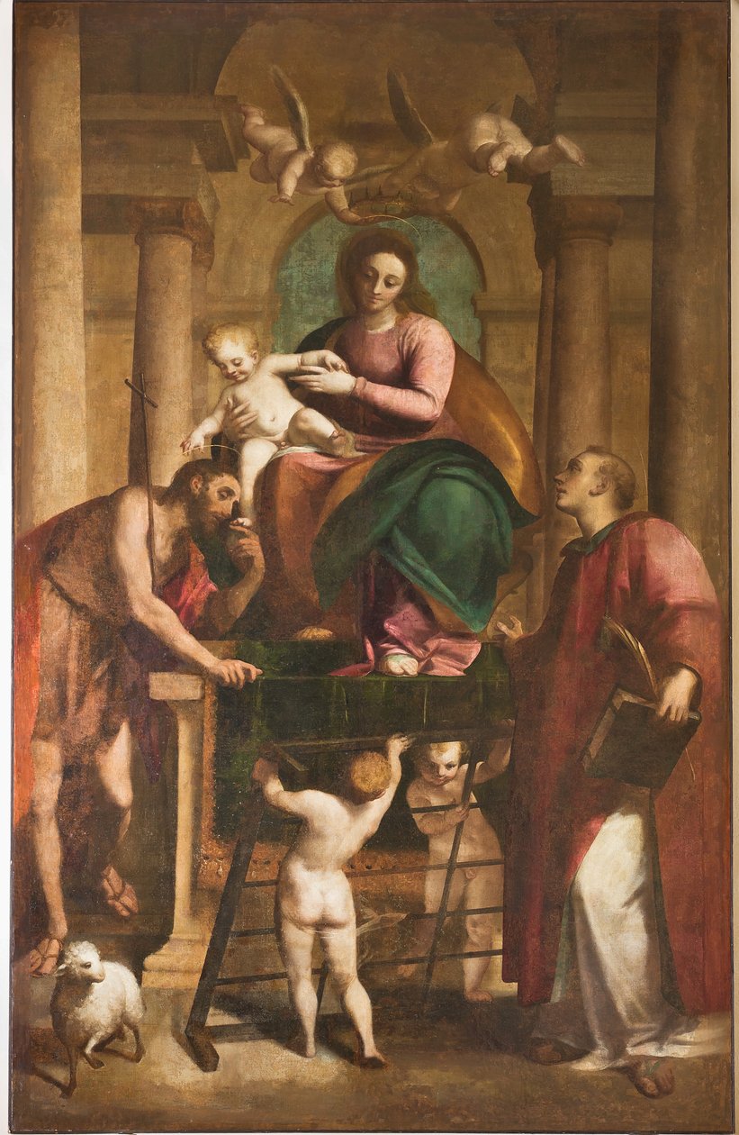 Cenova, Duomo (Aziz Lawrence Katedrali), içeride, Vaftizhane (eskiden Eski Aziz John Kilisesi): "Vaftizci Yahya ile Aziz Lawrence arasında Madonna ve Çocuk", Luca Cambiaso tarafından, Panelde yağlı boya by Luca Cambiaso