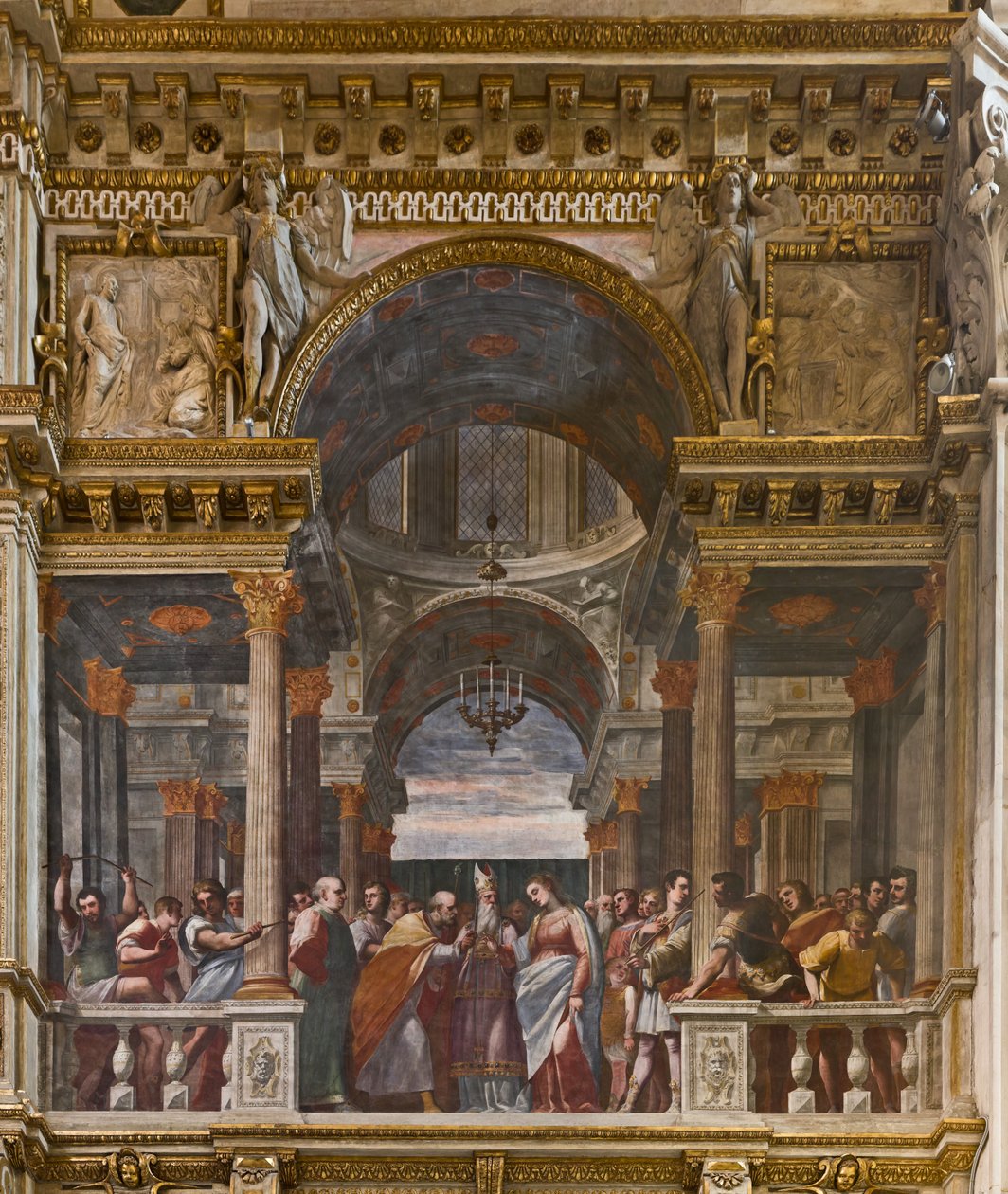 Cenova, Duomo (Aziz Lawrence Katedrali), içeride, Lercari Şapeli veya Kutsal Ayin Şapeli (Kuzey apsis), Güney tarafı: "Bakirenin Nişanı", fresk Luca Cambiaso by Luca Cambiaso
