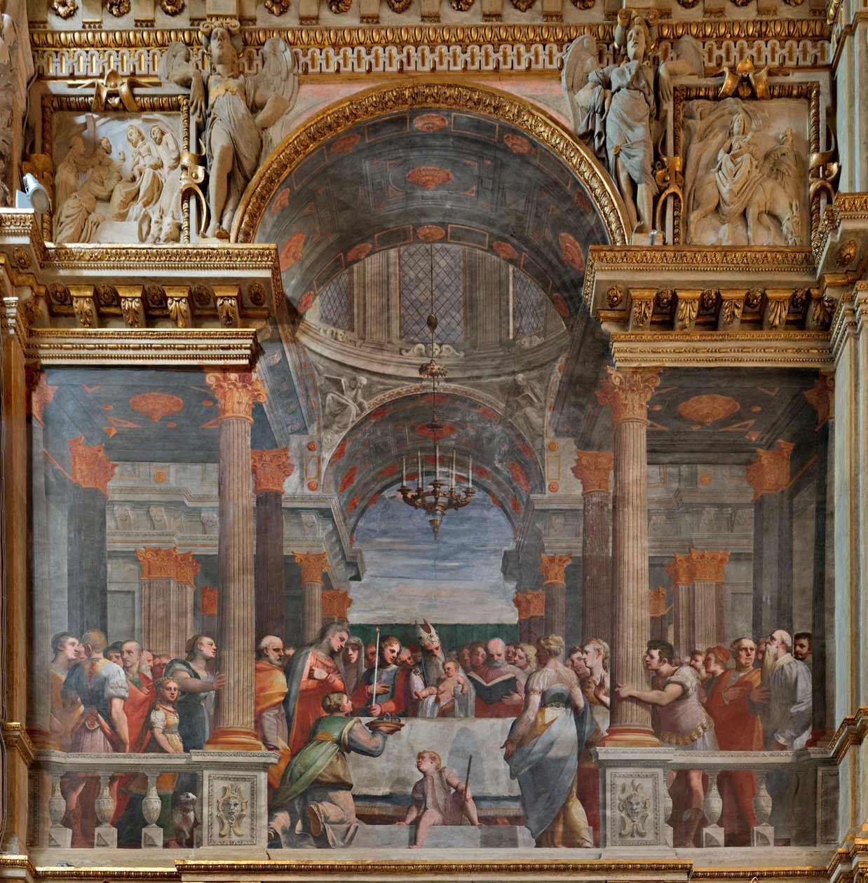 Cenova, Duomo (St Lawrence Katedrali), içeride, Lercari Şapeli veya Kutsal Ayin Şapeli (Kuzey apsis), Kuzey tarafı: "Tapınakta Sunum", fresk Luca Cambiaso by Luca Cambiaso