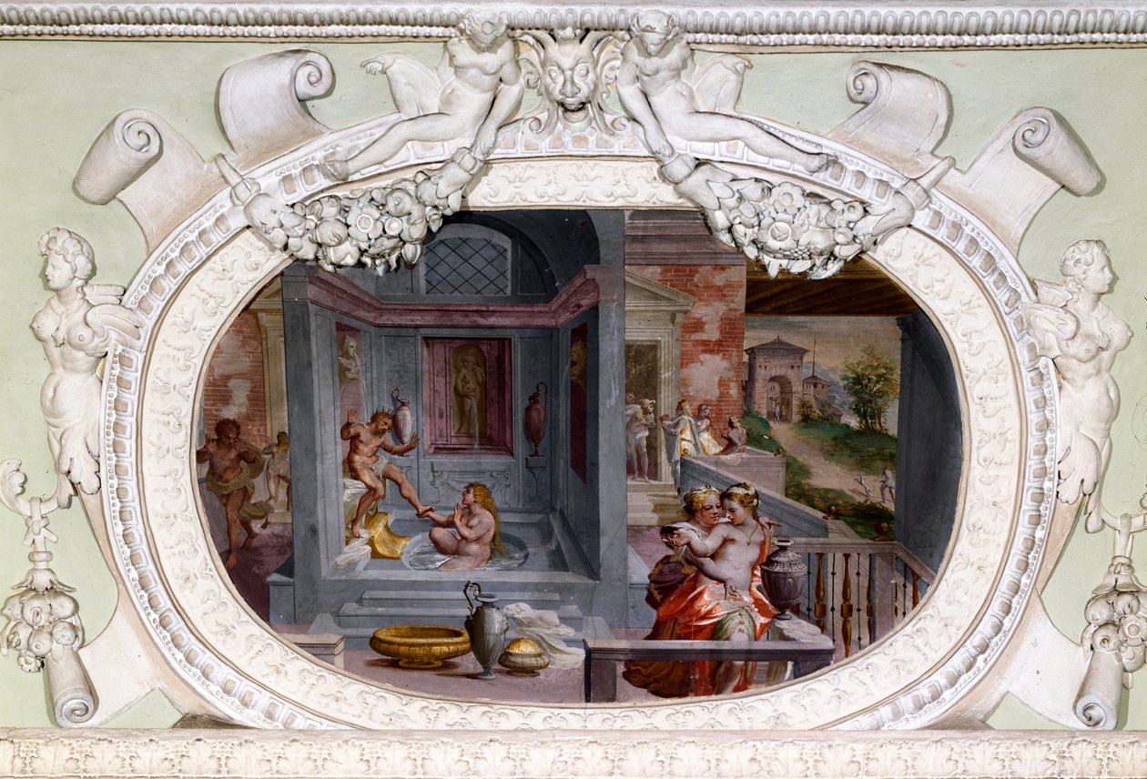 Banyo sahneleri, baştan çıkarma. Luca Cambiaso tarafından yapılan fresk (1527-1585) by Luca Cambiaso