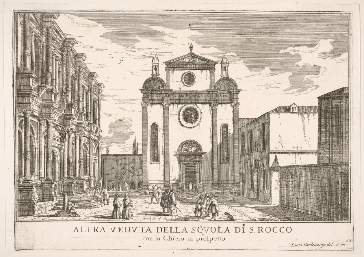 Levha 38: St. Roch kilisesinin cephesinin görünümü ve solda Okul cephesinin görünümü..., 1703. by Luca Carlevarijs