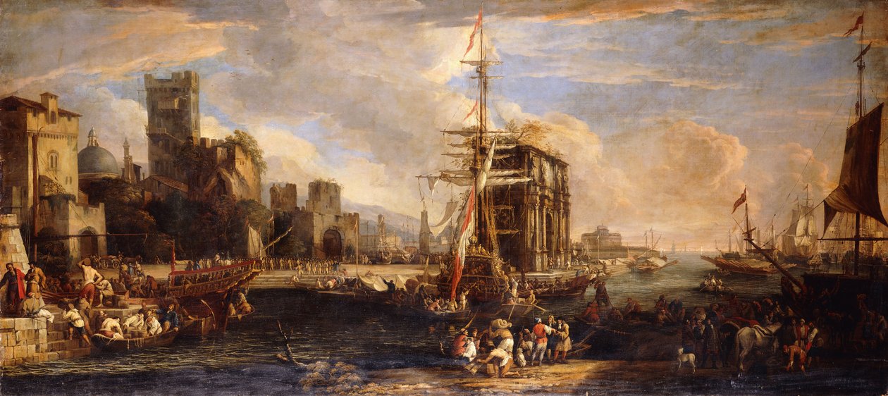 Ön planda Rıhtımlarda Avusturya Gemiciliği, Tüccarlar ve Denizciler, Konstantin Kemeri yakınında bir Milis Bölüğü ve ötesinde Castel Sant"Angelo ile bir Akdeniz Limanının Capriccio