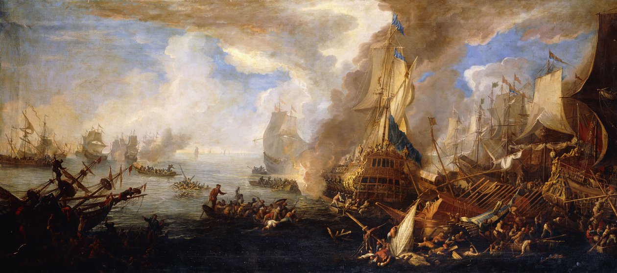 Ön Planda Sardunya ve Venedik Savaş Gemileri ve Sardunya ve Mısır(?) Kadırgaları ile Deniz Savaşı, by Luca Carlevaris