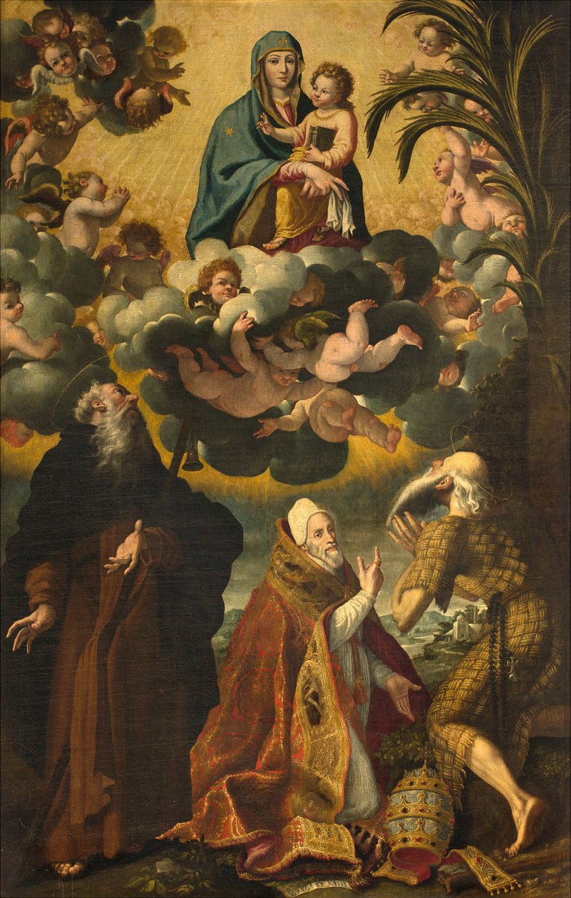 Aziz Anthony Abbot Paul Hermit ve Papa Gregory XIV, Luke Cattapane 1593 ile Aziz Anthony, Madonna ve Çocuk Sunağı by Luca Cattapane