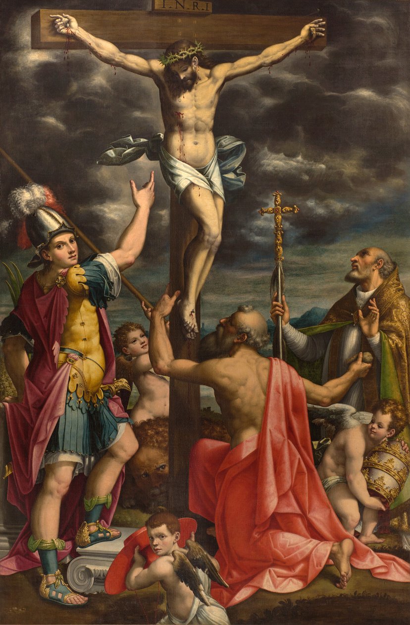 San Fermo Sunağı, Aziz Fermo Jerome ve Papa Gregory XIV ile Çarmıha Gerilme, Luca Cattapane 1593 by Luca Cattapane