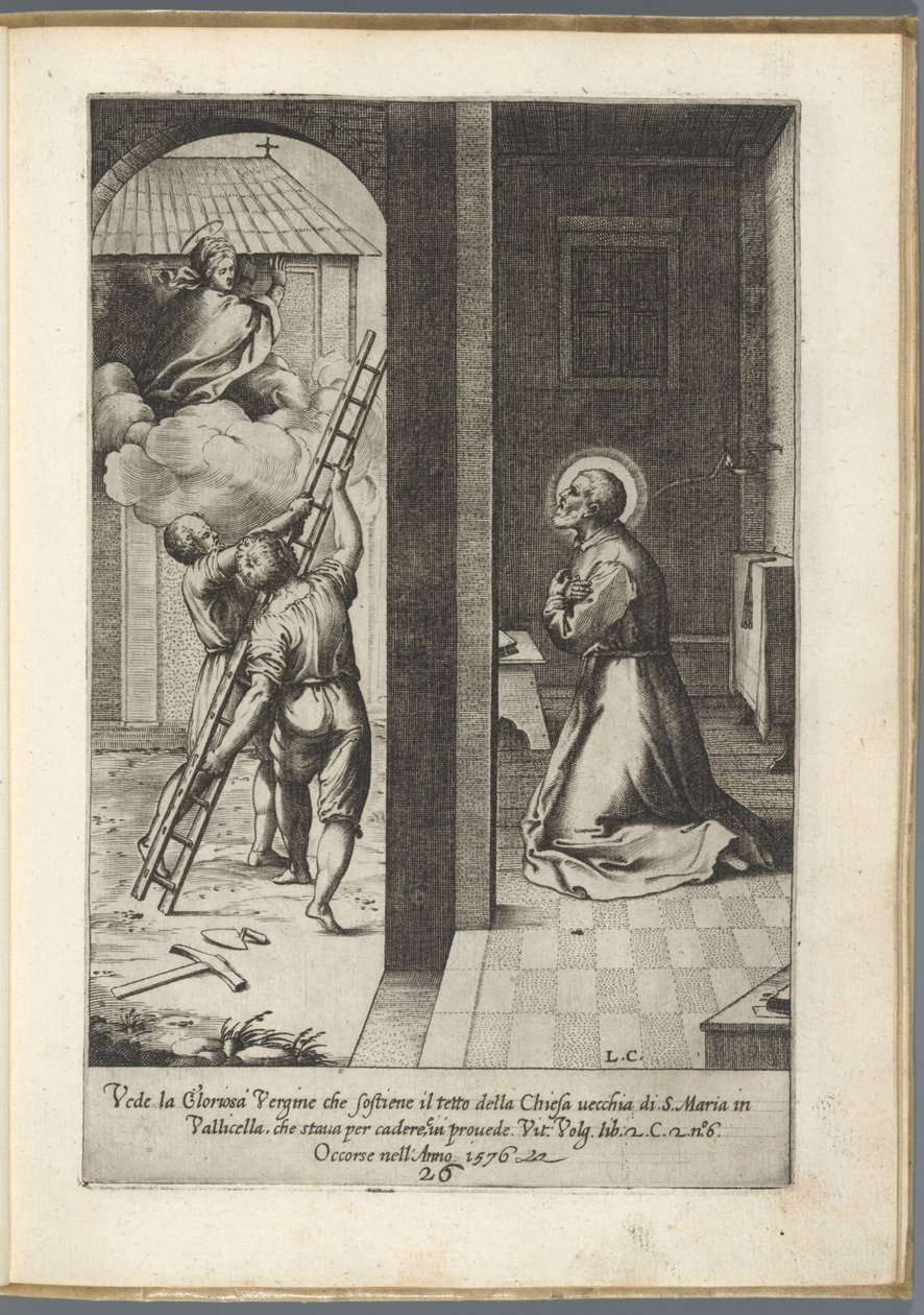 Filippo Neri, Vallicella Life of Saint Filippo Neri'de (dizi adı) Mary'yi Santa Maria'nın çatısını taşırken görüyor by Luca Ciamberlano