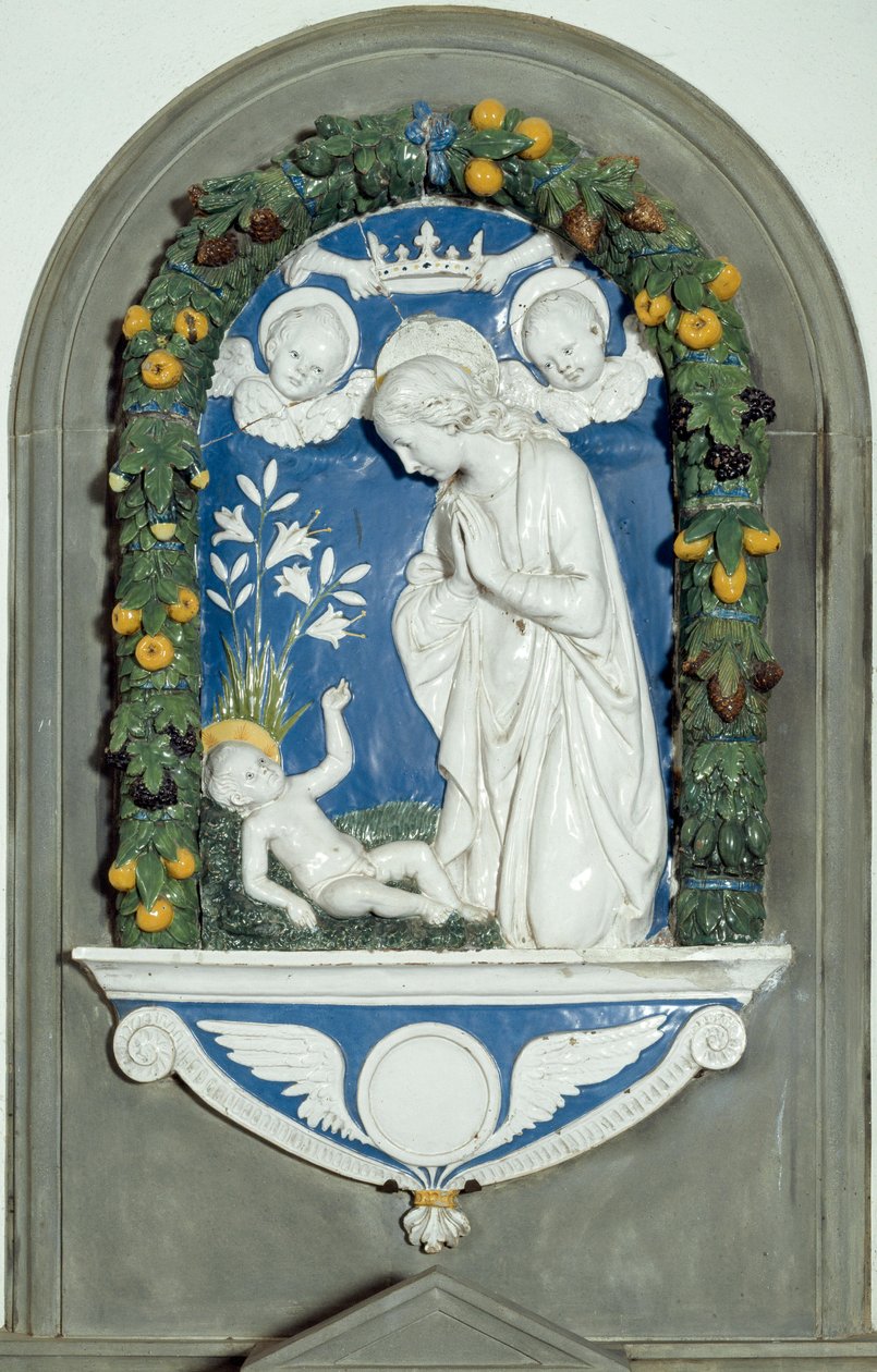 Bakire Çocuğu Seviyor Yüksek Rölyef, Luca della Robbia (1400-1482) 15. yüzyıl Verna Kutsal Alanı, İtalya by Luca Della Robbia