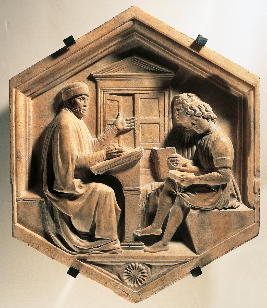 Bilgin Priscian, iki öğrenciye ders veriyor by Luca Della Robbia