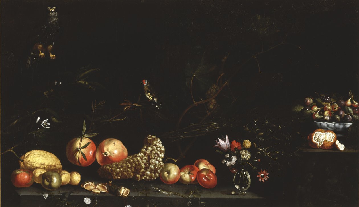 Meyve, çiçek, şahin ve saka kuşu ile natürmort, 1620-30 by Luca Forte